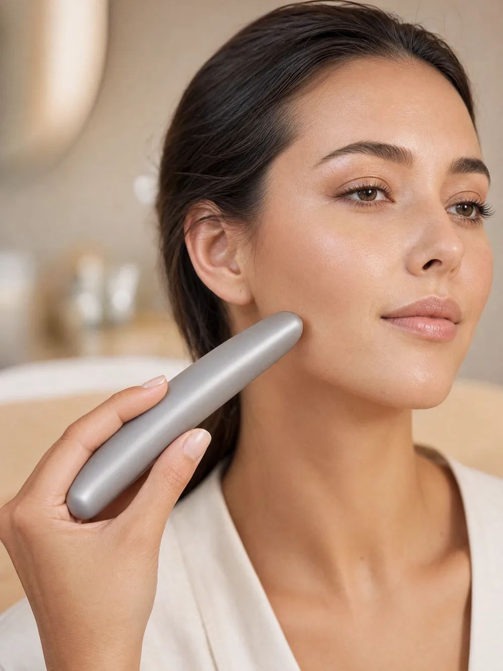 Dispositivo facial en forma de lápiz aplicado sobre la mejilla en Anaël